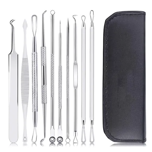 YPYMOD 10 Stücke Mitesserentferner, Pickel Ausdrücken Werkzeug Set Blackhead Remover aus Edelstahl, Komedonenquetscher mit Aufbewahrungsbox Mitesser Entferner für Nasen, Gesichtspflege