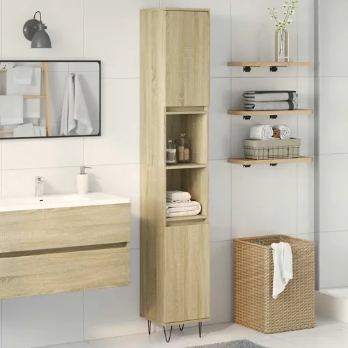 Badschrank Sonoma-Eiche 30x30x190 cm - Bad-Kommode aus langlebigem Holzwerkstoff, mit 6 Fächern für optimalen Stauraum und praktischen Türen, die flexibel montierbar sind.
