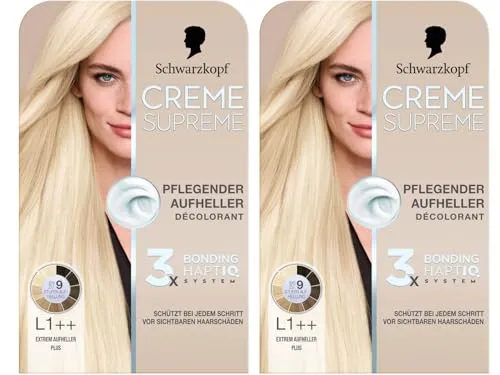 Schwarzkopf Creme Supreme L1++ Extrem Aufheller Plus (2x 182 ml), pflegender Aufheller mit Serum und Haar-Maske schützt vor sichtbaren Haarschäden, mit Anti-Gelbstich Effekt
