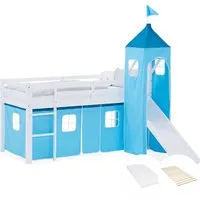 Homestyle4u Hochbett, Blau-Weiß, 90x200 cm - Robustes Hochbett aus Kiefernholz mit verspieltem Turmaufsatz und Rutsche, perfekt für kreative Kinderzimmer. Inklusive Lattenrost und Matratze für optimalen Schlafkomfort.