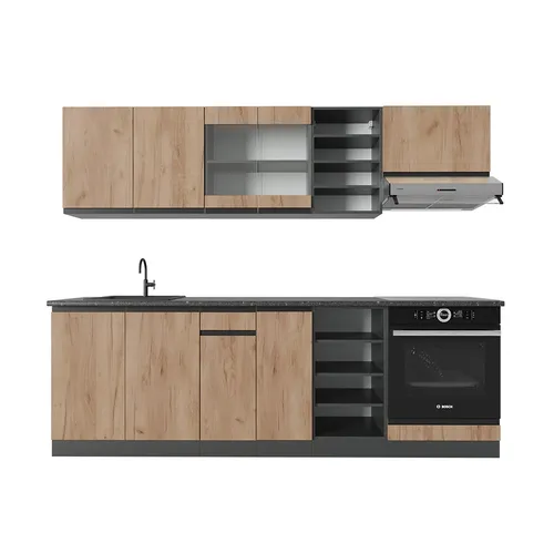 Vicco Küchenzeile R-Line, Goldkraft Eiche/Anthrazit, 240 cm - Moderne Küchenzeile in Goldkraft Eiche und Anthrazit, inklusive Arbeitsplatte und Montagematerial, ideal für stilvolle Küchen mit begrenztem Platz.