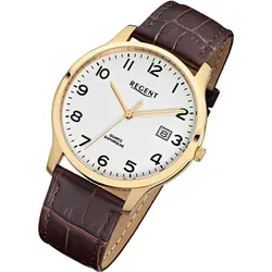 Regent F-1026 Herren Armbanduhr - Elegante Herren Armbanduhr mit braunem Lederarmband und ionenplattiertem goldfarbenem Gehäuse. Saphirglas und Quarzwerk für präzise Zeitmessung.