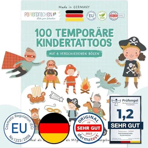 Papierdrachen 100 Kindertattoos zum Aufkleben aus Deutschland - Tattoos mit Heroes und weiteren kindgerechten Designs - als Geburtstagsmitgebsel - vegan - Diversity - Set 15