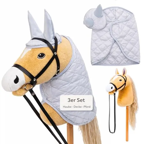 Hoofly® Hobby Horse Set – Großes Steckenpferd für Kinder mit Decke & Fliegenhaube | Komplettes Hobby Horsing Set mit Trense & 35 cm Schraubstab | Beiges Pferd – Graues Zubehör