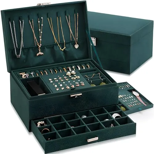 Retoo Schmuckkästchen, Schmuckschatulle aus Samt mit 2 Ebenen, Schmuckbox, Schmuckschatulle, Schmuckkoffer für Damen, Aufbewahrungskoffer, Schmuckkästen für Ringe, Ohrringe, Halsketten und Uhren