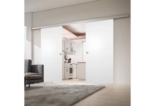 inova wohnen Doppelschiebetür Holzschiebetür Weiß, Komplett Set mit Softclose-Option - Schiebetüren für Wohnbereiche, höhenverstellbar und wartungsfrei, inkl. Schienensystem und Griff, ideal für platzsparende Lösungen