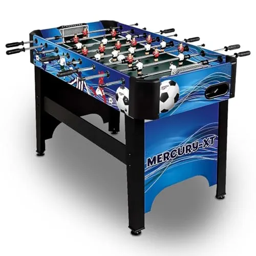 Carromco Mercury-XT Tischfußball Kickertisch blau-schwarz - Tischfußballtisch im Fußball Design, ideal für die ganze Familie mit Sicherheitsausstattung, stabiler Konstruktion und 4 Kickerbällen für unvergesslichen Spielspaß!