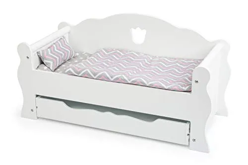 small foot Puppentagesbett aus Holz - Möbel für Minipuppen, inklusive Matratze, bunter Decke und Kissen, mit praktischer Schublade für zusätzlichen Stauraum oder als zweites Bett.