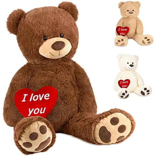 BRUBAKER XXL Teddybär 100 cm Braun mit I Love You Herz - Stofftier & Teddybär: Flauschiger 100 cm großer Teddybär mit separatem 'I Love You' Herz, perfekt zum Kuscheln und Verschenken für besondere Anlässe.