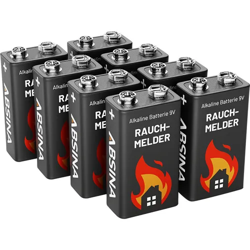 Absina 9V E-Block Batterien für Rauchmelder, 8 Stück - Alkali-Mangan Batterien mit hoher Langlebigkeit, ideal für Rauchmelder und Messgeräte, garantieren zuverlässige Leistung bei Temperaturen von -20°C bis 60°C.