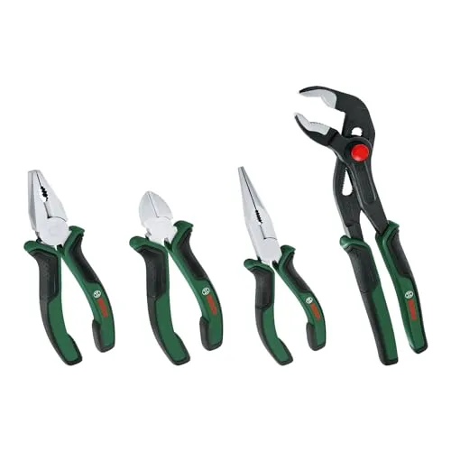 Bosch Zangen-Set, 4-teilig - Hochwertiges Zangen-Set aus Kohlenstoffstahl mit ergonomischem Softgrip für maximalen Komfort und Kontrolle. Ideal für präzises Arbeiten in Werkstatt und Haushalt.