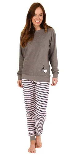 RELAX by Normann Damen Pyjama Frottee Schlafanzug - Herz Motiv - Bequemer Frottee Pyjama in grau mit Herzen, ideal für gemütliche Nächte. Bequem geschnitten mit Bündchen an Ärmeln und Beinen.