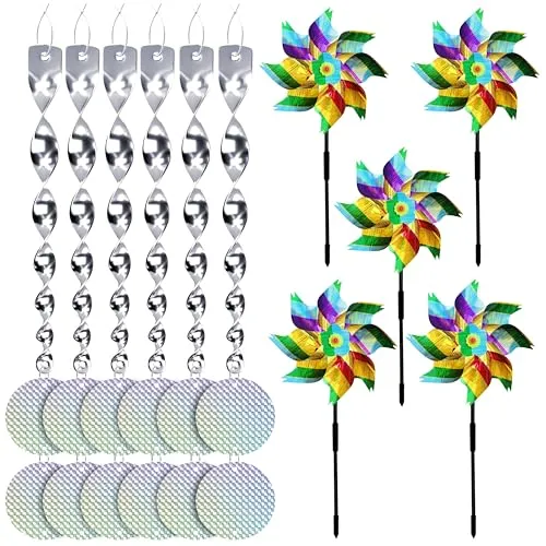 Windrad Vogelabwehr Taubenabwehr Set, 5 Windrad+6 Reflektierend Windspirale Taubenabwehr+12 Reflektierenden Runden,Vogelschreck Vogelabwehr to Protect Garten,Hof, Obstgarten