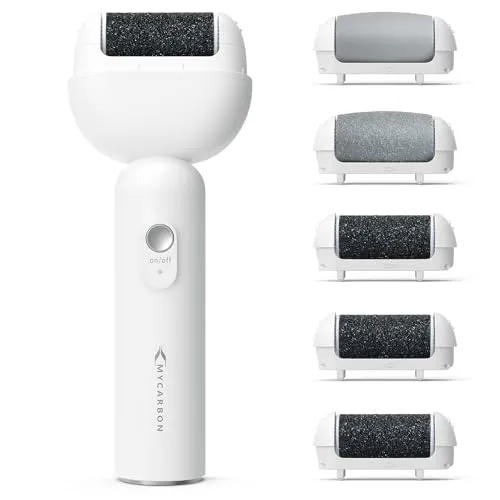 MYCARBON Hornhautentferner Elektrisch, Wiederaufladbar, 2 Stufen – 5 Ersatzrollen, IPX6 Wasserdicht, Entfernt Hornhaut, rissige Fersen & abgestorbene Haut, Hornhauthobel für nasse/trockene Fußpflege
