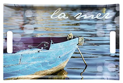 Lashuma Geschirrtablett blau Motiv: Meer, Bedrucktes Speisetablett 47x31 cm, Gläsertablett rechteckig