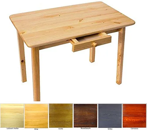 Massiv Kiefer Esstisch mit Schublade - 60x110 cm, Unbehandelt - Hochwertiger Esstisch aus massivem Kiefernholz, ideal für gemütliche Essbereiche. Mit praktischer Schublade und einfacher Selbstmontage.