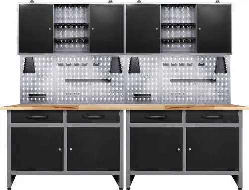 ONDIS24 Werkstatt-Set Werner, 240 cm mit LED - Werkstatt-Set für Hobbywerkbänke, aus robustem Massivholz und Metall, mit integrierter LED-Beleuchtung für optimale Sicht beim Arbeiten.