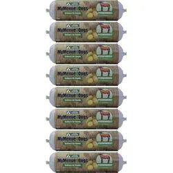 MyMenue4Dogs Hundefutter Pferdewurst - 8X 800g - Hundefutter für empfindliche Hunde, 8 x 800 g hochwertige Pferdewurst mit Kartoffeln, hergestellt in Bayern, ohne Zusatzstoffe oder Zucker, ideal für gesunde Ernährung.