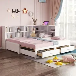 Merax Massivholzbett 90x190/180x190 cm mit Ausziehbett, Tagesbett mit Stauraum und Ladeanschluss, Multifunktionsbett Kinderbett Weiß - Weiß