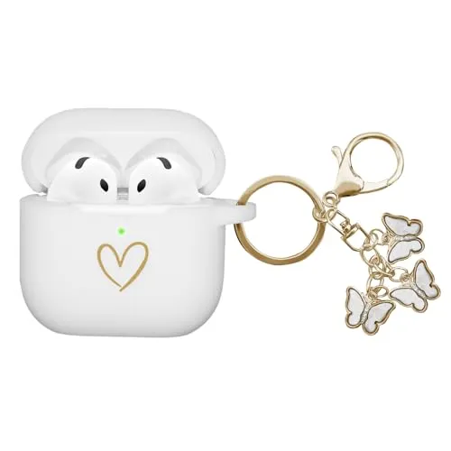AIIEKZ Kompatibel mit AirPods 4 Hülle 2024, weiche Silikonhülle mit goldenem Herzmuster für AirPods 4. Generation Hülle mit süßem Schmetterlings-Schlüsselanhänger für Mädchen Frauen (Weiß)