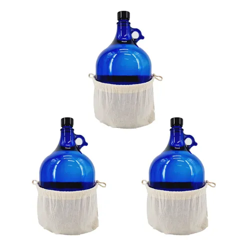 Glasballon blau 5 Liter mit Baumwollbeutel-Natur 3er-Set