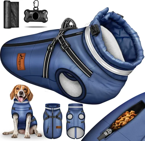 TRESKO Hundejacke Winter mit Geschirr und Reflektoren - Wasserdichter Hundemantel für optimalen Schutz vor Kälte und Nässe. Inklusive 15 Kotbeuteln und praktischen Spender. Ideal für kleine und große Hunde, leicht anzulegen und waschbar bei 30°.