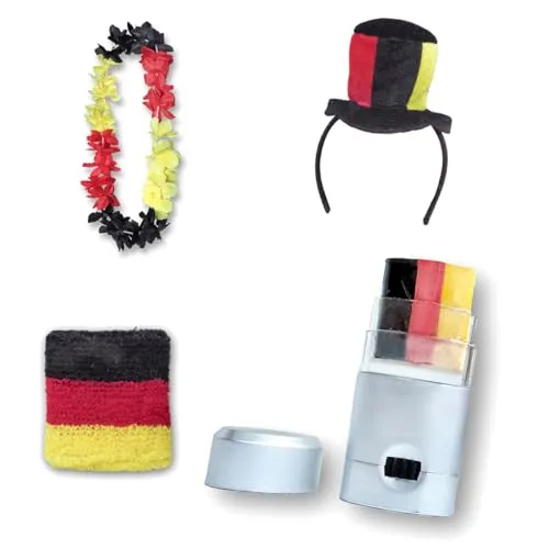 Sonia Originelli Fanset Fanartikel Zylinderhut als Haarreif, Blumenkette, Schminkstift, Schweißband EM WM Fussball Farbe: Deutschland