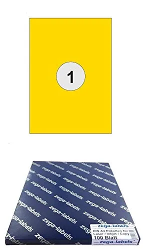 Etiketten 210 x 297 mm GELB selbstklebend auf DIN A4 Bögen (1 Etikett DIN A4) - 100 Blatt Pack - Universell für Laser/Inkjet/Kopierer einsetzbar - 210x297mm 1-teilig 100