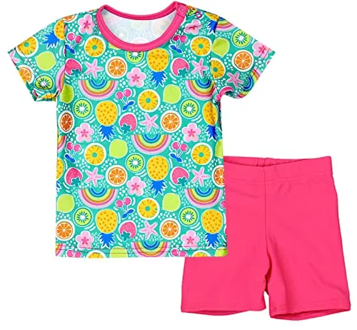 Aquarti Baby Mädchen Zweiteiler Kinder Badeanzug Bade-Set Bade T-Shirt Badehose UV-Schutz, Farbe: Obst Grün/Gelb/Rosa, Größe: 80