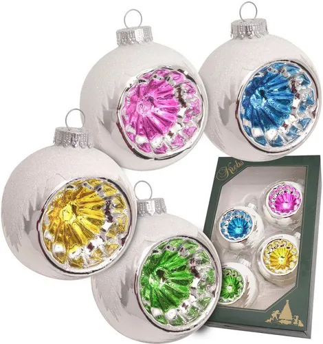 Krebs Glas Lauscha Reflexkugeln Retro - 4er Set für festlichen Christbaumschmuck - Christbaum- & Feiertagsschmuck, 4 mehrfarbige Reflexkugeln aus hochwertigem Glas, Größe 7 cm, ideal für eine nostalgische Weihnachtsdekoration.