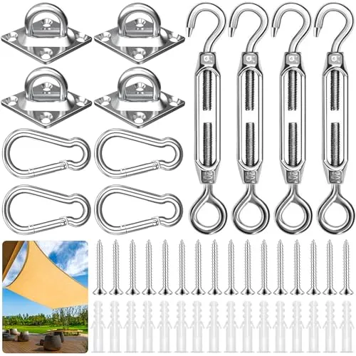 ZZQVIP Sonnensegel Befestigung Set 44-teilig, M6 Edelstahl Spannschloss Kit mit 4 Spannschlössern, 4 Karabinern, 4 Wandhalterungen, 16 Schrauben und 16 Dübeln für Rechteck und Dreieck Sonnensegel