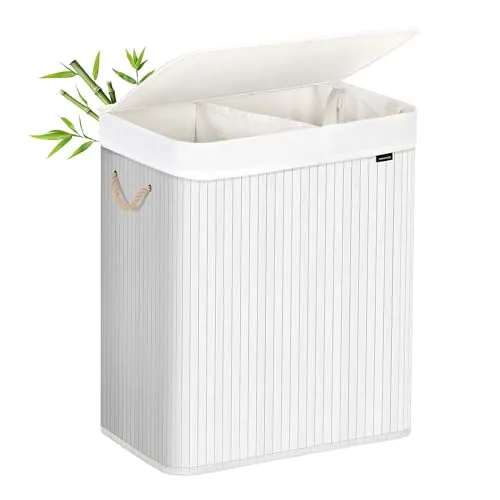 SONGMICS Wäschekorb mit Deckel aus Bambus, 100 l - Wäschebox mit 2 Sortierfächern für eine einfache Farbsortierung, abnehmbarer Beutel und stabile Konstruktion für bis zu 25 kg, ideal für Waschküche oder Schlafzimmer.