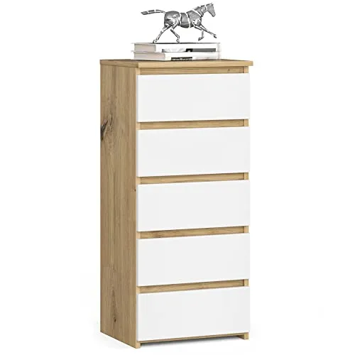 MILORD Kommode CL5 40 cm 5 Schubladen Schrank für das Wohnzimmer, Schlafzimmer, Kinderzimmer, B40 x H92 x T35 cm, Gewicht 21,9 kg (Artisan Eiche/Weiß)