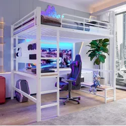 Hochbett Modern Aus Metall Weiß 140x200 Cm Mit Schreibtisch, Regalen, Led-leiste Und Usb-type-c