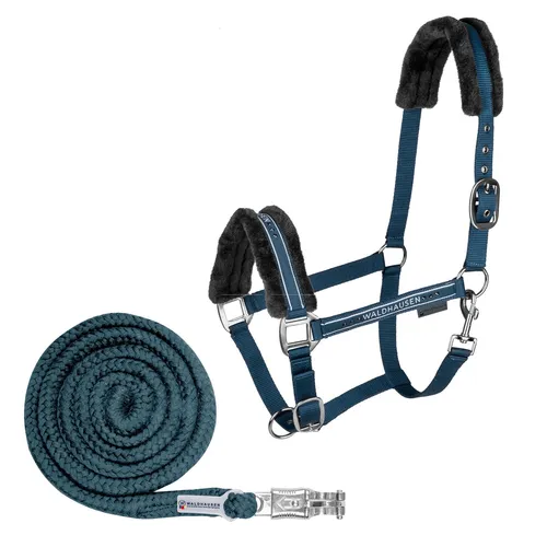 WALDHAUSEN Halfter Elegant in Petrolblau, WB - Hochwertiges Pferdehalfter mit weicher Polsterung aus synthetischem Fell, verstellbar und mit modischem Glitzerdesign für einen eleganten Look.