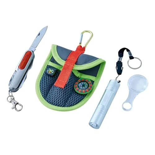 HABA Terra Kids Forschertasche – Abenteuer-Ausrüstung für junge Entdecker - Gesellschaftsspiele mit Taschenmesser, Lupe, Kompass & LED-Leuchte – perfekt für spannende Expeditionen und Schatzsuchen im Freien.