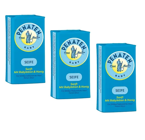 Penaten Baby Seife Sanft mit Baby Öl und Honig - 3x 100g - Stückseife für babyweiche Haut, enthält pflegendes Honig und Baby Öl für sanfte Reinigung und Pflege.