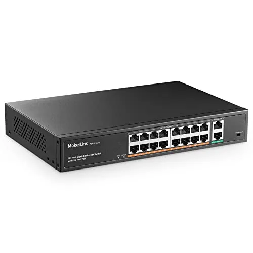 MokerLink 16 Port Gigabit PoE Switch, 2 Gigabit Uplink, 250W IEEE802.3af/at, Nicht Verwalteter Rackmount Plug and Play Ethernet-Switch