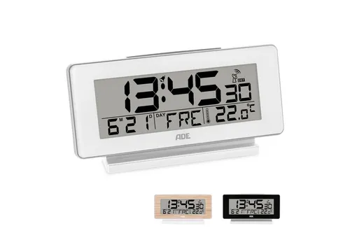 ADE Funktischuhr Digitaler Wecker mit Snoozetaste - Wecker mit großem Display und automatischer Zeitumstellung, bietet Innentemperatur und Wochentag in 7 Sprachen, ideal für einen entspannten Start in den Tag.