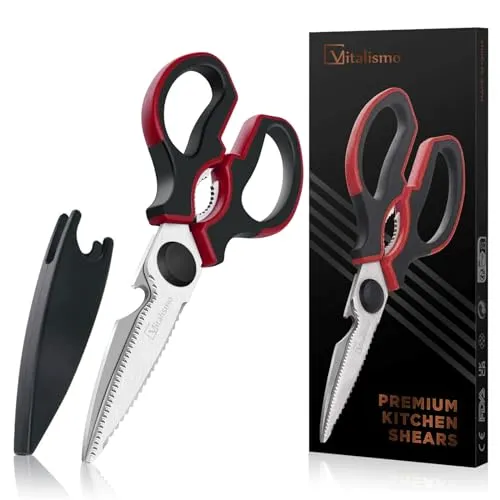Vitalismo Küchenschere Allzweckschere Rostfreier Edelstahl Haushaltsschere 21cm Spülmaschinenfest Universalschere mit Klingenschutz Flaschenöffner Linkshänder Schere Küche für Fisch Geflügel Nüsse