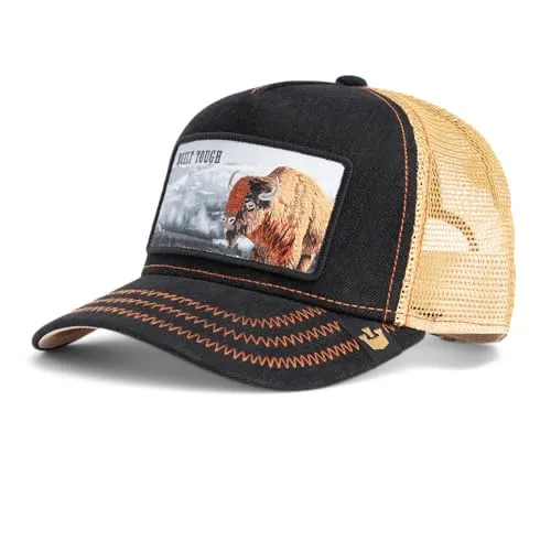 Goorin Trucker Cap Built Tough - Schwarz - Stylische Trucker Cap mit aufgesticktem Bison, perfekt für Freizeitaktivitäten. One Size passt für alle; robustes Material aus 54% Baumwolle und 46% Polyester.