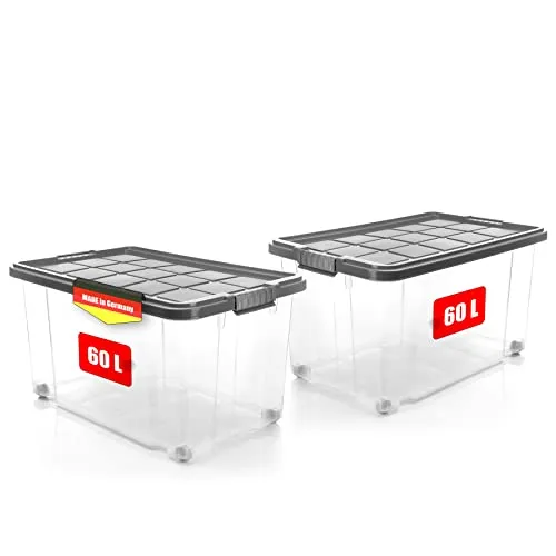 BigDean 2er Set 60 L Aufbewahrungsboxen mit Deckel - stapelbar und rollbar - Aufbewahrungsbehälter mit Deckel, ideal für Haushalt und Garten. Robuste, BPA-freie Boxen mit festen Klickverschlüssen und integrierten Rollen für einfache Mobilität und Ordnung.