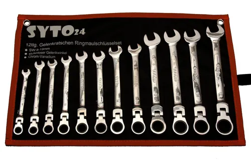 PeTools Ratschenringschlüssel 12-tlg Set mit Gelenk-Ratschen und Maulschlüsseln - Hochwertiger 12-teiliger Ratschenringschlüsselsatz für präzises Arbeiten in engen Räumen. Ideal für Werkstatt und Handwerk, geliefert in praktischer Rolltasche.
