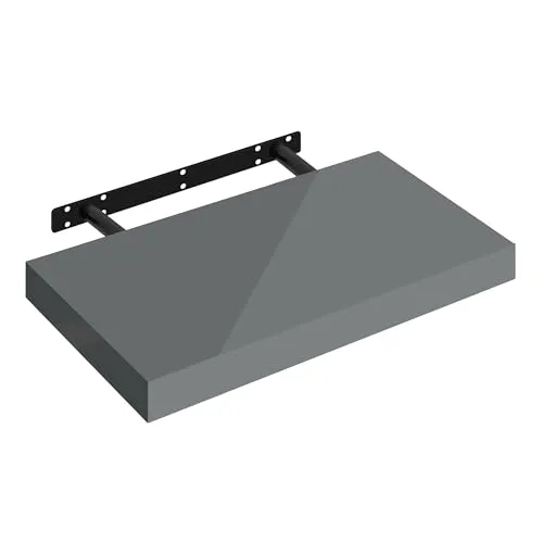 WOLTU Wandregal Regal Wand Schweberegal Regalbrett Wandboard mit Metallhalterung, unsichtbare Montage, für Küche Badezimmer Wohnzimmer Schlafzimmer, aus MDF, Hochglänzend Grau, 40x22,9x3,8 cm