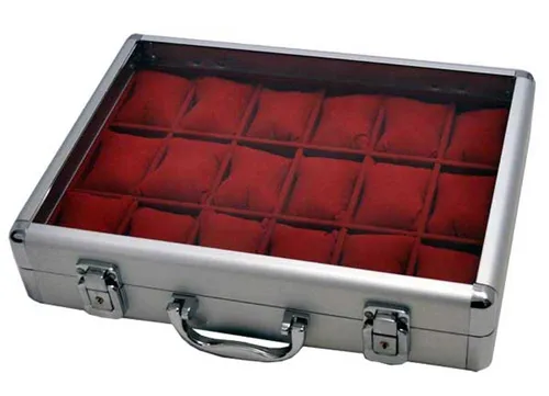 Uhrenkoffer Uhrenbox für 18 Uhren Aluminium Samt ROT in silber von Uhrenhuette