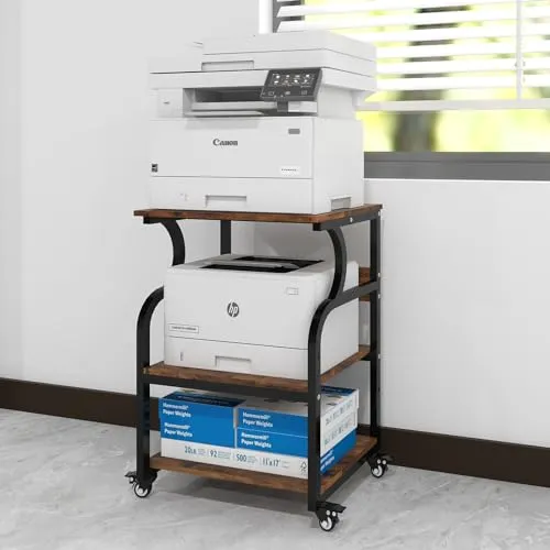 PUNCIA Druckertisch höhenverstellbar 3-stöckiger Druckerständer 60 x 50 cm mit Rollen Mobiler Druckwagen aus Holz & Metall Druckerhalter für Großen Drucker Retro für Arbeitszimmer Büro Office