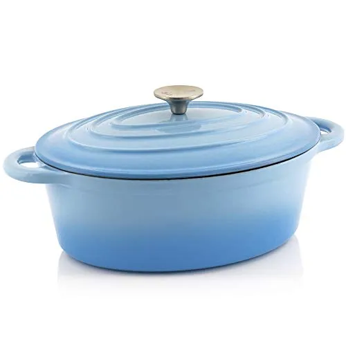 BBQ-Toro Gusseisen Cocotte | 4,3 Liter | blau, oval | Emaillierter Gusseisen Bräter mit Deckel | Gusstopf, induktionsgeeignet | Topf mit Aroma-Tropfnasen am Deckel | Gussbräter, Bratentopf