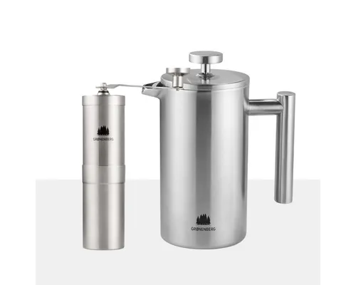 GRØNENBERG French Press Kanne Spar Set 1: Manuelle Kaffeemühle + French Press (350, 600, 1000ml), Edelstahl Kaffeebereiter mit Thermo Effekt & inkl. Ersatz Filter