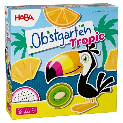 HABA Obstgarten Tropical – Tropisches Sammelspiel für Kinder ab 3 Jahren – Familienspiel rund um Früchte & Farben mit Tukan – Holzspielzeug-Klassiker Neuauflage – 2013575001