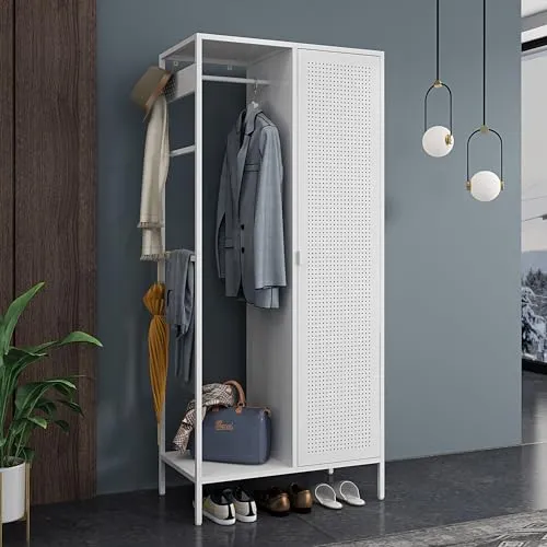 [en.casa] Kleiderschrank Puumala - Metallschrank mit 4 Fächern - Kleiderschränke mit praktischer Kleiderstange und vier Ablagefächern für optimale Organisation und frische Luftzirkulation.